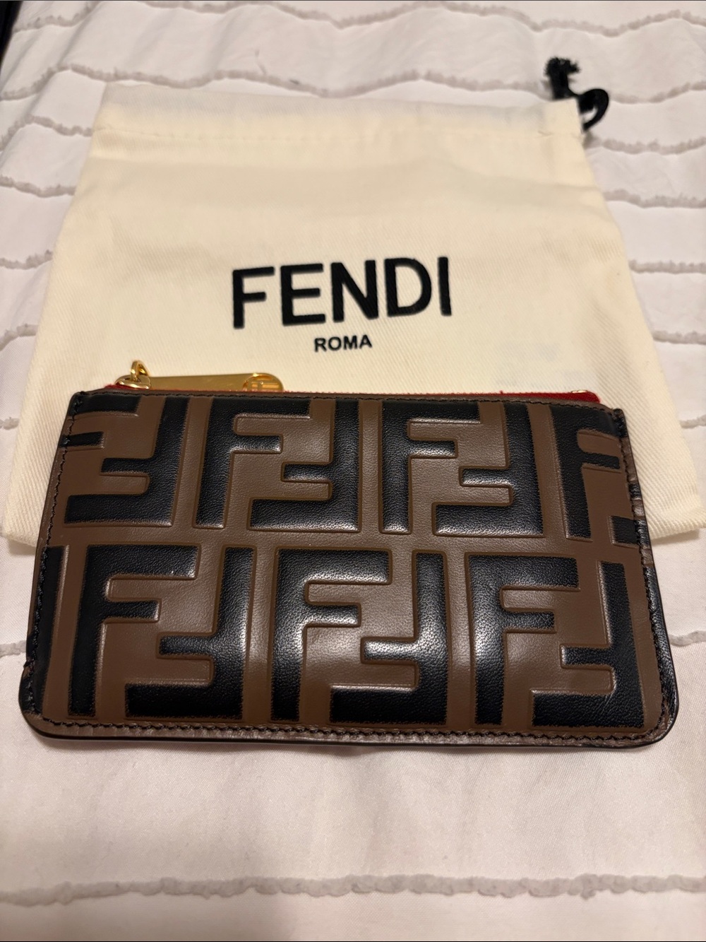 FENDI  Brown and red Leather card and key pouch embossed black FF zucca logo